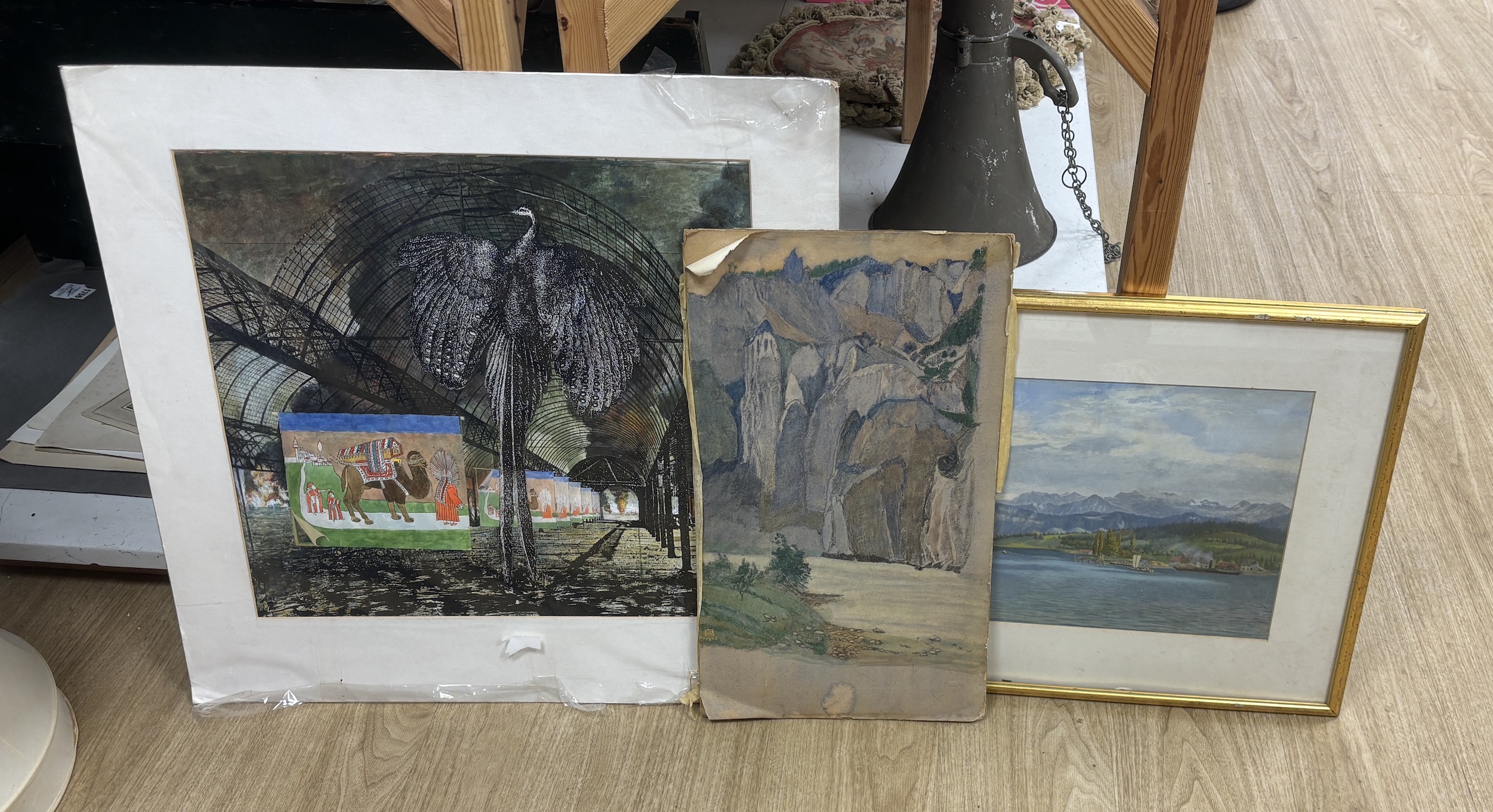 Early 20th Century English School, pencil and watercolour, A river gorge, monogrammed and dated 1923, 52 x 30cm, Gerald Leet (Illustrator, 1913-1998), mixed media, 'Phoenix', 49 x 52cm, both unframed, together with a Can